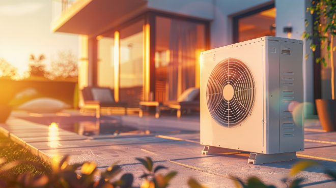 Wärempumpen sind oft eine Systemkomponente von Hybridheizungen Im Licht des Sonnenaufgangs blickt man auf eine Terrasse mit Pool, im Vordergrund ist eine Wärmepumpe zu sehen