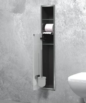 WC EDELSTAHL-EINBAUCONTAINER MIT BÜRSTENGARNITUR UND EINEM WC-PAPIERROLLENFACH 150 X 950 MM (B X H)