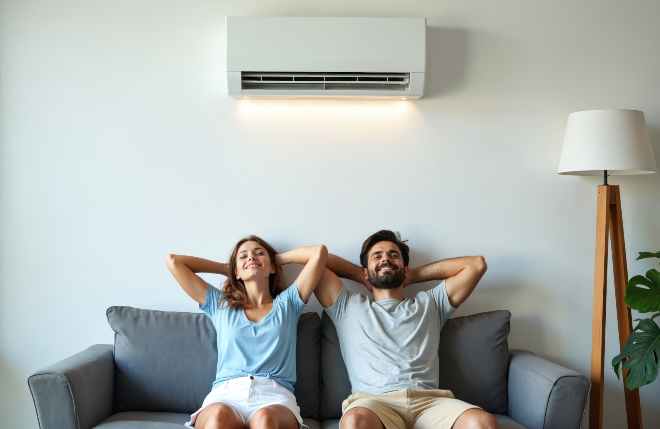 Mit einer Klimaanlage in der Wohnung kann der Sommer kommen Ein paar sitz bei großer Hitze ganz entspannt auf der Couch, da eine Klimaanlage im Hintergrund für angenehme Temperaturen sorgt