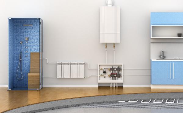 Eine schematische Darstellung einer modernen Heizungsanlage, die warmes Wasser für Küche und Bad liefert und die Wohnräume mittels Bodenheizung angenehm wärmt