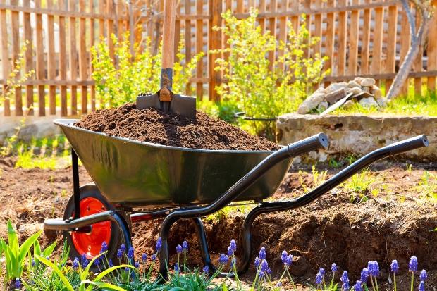 Schubkarre mit Erde, - Beet vorbereiten im Frühling