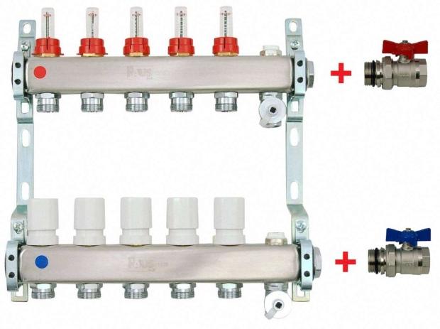 Heizkreisverteiler aus Edelstahl für Fußbodenheizung Profi-Ausführung 5-fach, mit 2x Kugelhähne 1" IG-AG
