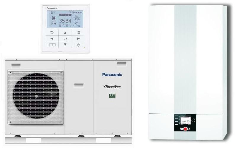 Hybridheizung Gasheiztherme mit Monoblock-Wärmepumpe, Panasonic Aquarea LT 5,0kW und Wolf CGB-2-14kW, 300L