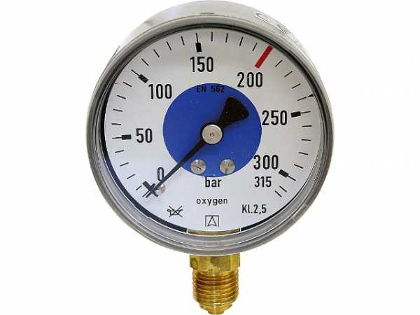 Manometer Schweißtechnik, 0-16 bar, 63 mm für G1 /4 DN 8 1/4" radial, Aufschrift "oxygen"