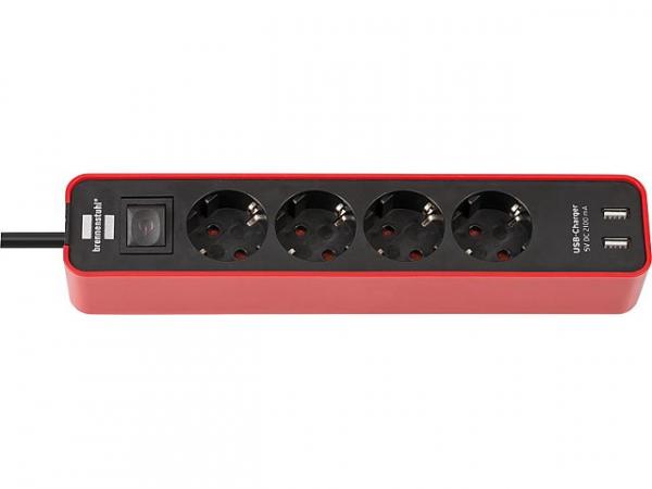 4-fach Steckdose mit 2 USB Ladebuchsen und Kontrollschalter Farbe:  rot/schwarz, 1,5m