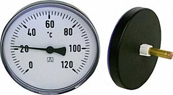 AFRISO Bimetall-Zeigerthermometer 0-120 °C d = 100mm, Kunststoffgehäuse mit Fühler 40mm