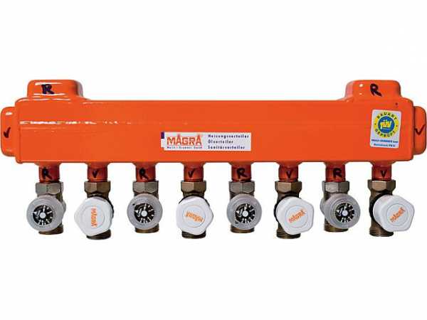 MAGRA Fußbodenheizungsverteiler 8 Heizgruppen 60/60 mit montierten Ventilen und Rondo- Abgleichventil 10200600817