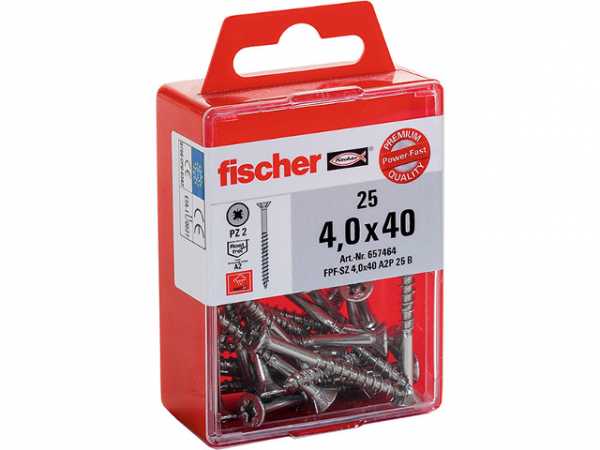 Fischer Spanplattenschrauben Power-Fast, 4,0x30, Senkkopf, nicht rostender Stahl A2 Vollgewinde Kreuzschlitz PZ, 657462