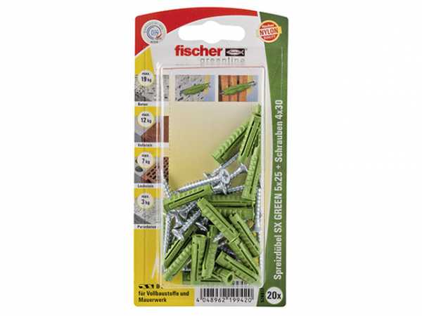 Fischer Spreizdübel SX GREEN 5x25 S mit Schraube, 524817 SB-Programm