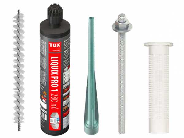 TOX Montagemörtel Befestigungsset M12 Verbundmörtel 4xGewindestange/Siebhülse mit Zylinderbürste