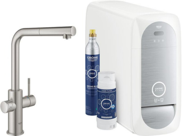 Spültischmischer Grohe Blue Home Starter Kit, herausz. L-Auslauf supersteel mit Filter S-Size, CO2 Flasche und Kühler