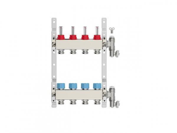 Heizkreisverteiler 4-fach, Edelstahl für Fußbodenheizung Profi-Ausführung