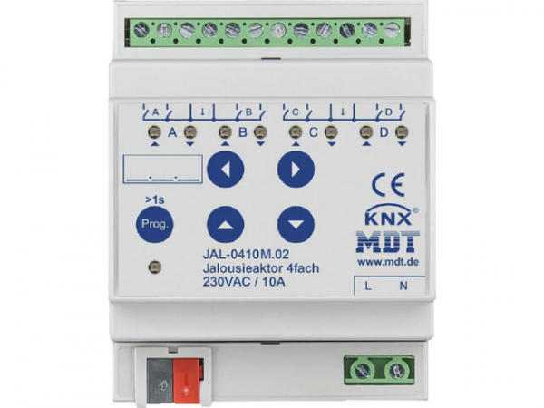 Jalousieaktor 4-fach mit Fahrzeitmessung, 4TE, REG, 10A, 230 V AC