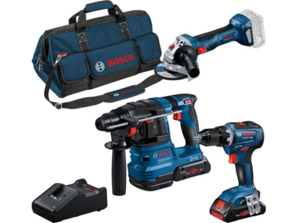 Akku-Set Bosch 3-teilig, 18V, best. aus Bohrschrauber, Bohrhammer, Winkelschleifer und 2x 4,0 Ah ProCORE Akkus und Ladegerät