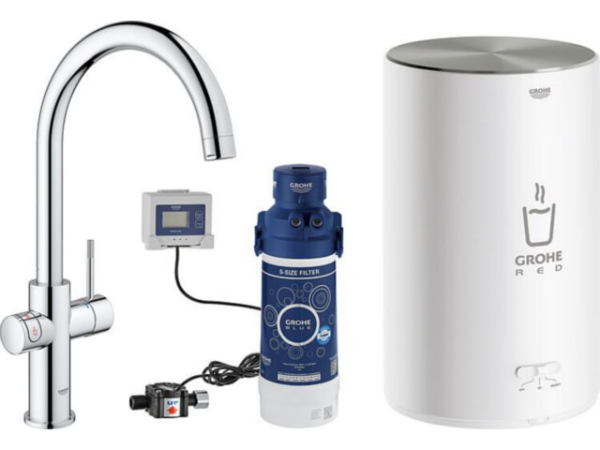 Spültischmischer Grohe Red Dou, C-Auslauf chrom mit Boiler M und Filter S-Size Starter Set