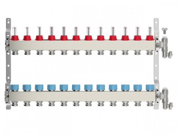 Heizkreisverteiler 12-fach, Edelstahl für Fußbodenheizung Profi-Ausführung