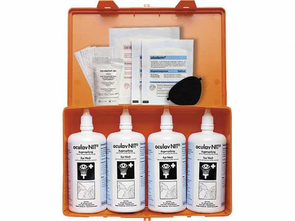 Oculav-Nit-Box mit 4 Flaschen Oculav-Nit Sterillösung und Soforttest für Augenverletzung