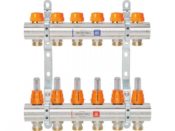 Fußbodenheizungsverteiler 8 Heizkreise Baulänge 412 mm DN25 (1") Messing Typ Dynamic M 6,8