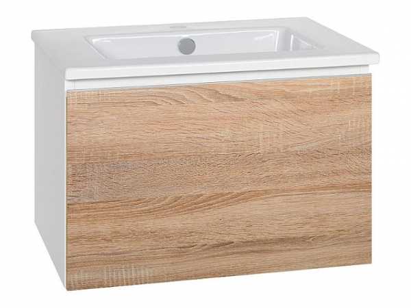 Waschtischunterschrank mit Keramik-Waschtisch Serie ELA Korpus weiß smt-Front Eiche sägerau 610x420x510mm