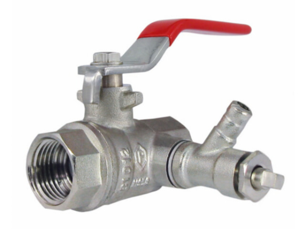Kugelhahn DN25 mit Entleerung, Ni, I/I, Stahlgriff roter Kunststoffüberzug 1", Messing