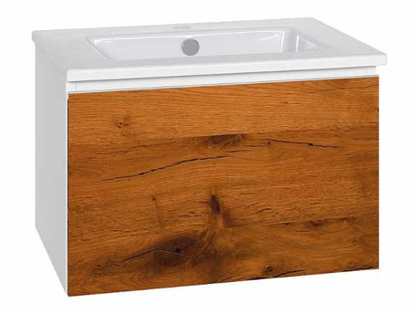 Waschtischunterschrank mit Keramik-Waschtisch Serie ELA Korpus weiß smt-Front Eiche Furnier dunkel 610x420x510mm