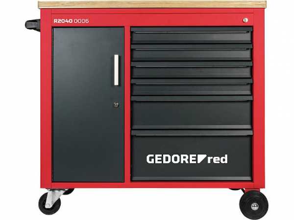 Werkstattwagen GEDORE red mit 6 Schubladen und Holzarbeits- platte
