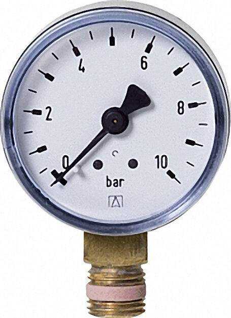 Rf Manometer 50 radial 0-10 bar, Anschluss 1/4'' radial (unten) Rf Manometer 50 radial 0-10 bar, Anschluss 1/4'' radial (unten)