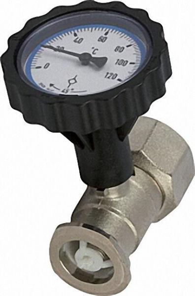 RL Pumpenflanschkugelhahn 1 1/4'' mit Thermometerhandgriff blau und Schwerkraftbremse