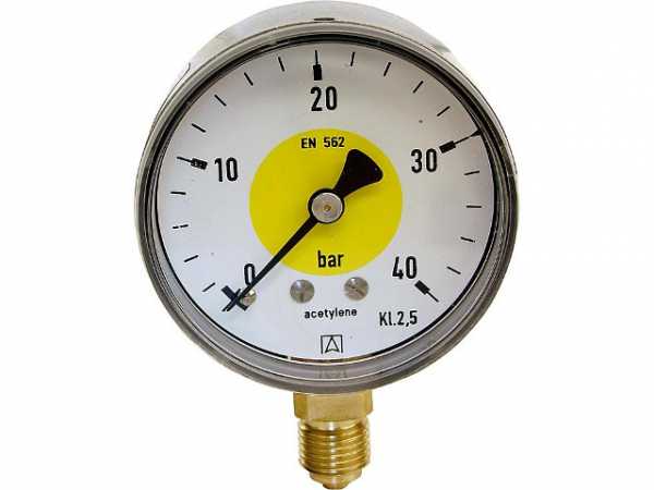 Manometer Schweißtechnik, 0-40 bar, 63 mm für G1 /4 DN 8 1/4" radial, Aufschrift "acetylene"