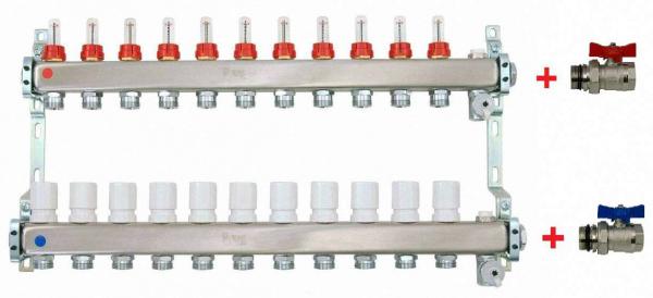 Heizkreisverteiler aus Edelstahl für Fußbodenheizung Profi-Ausführung 11-fach, mit 2x Kugelhähne 1" IG-AG