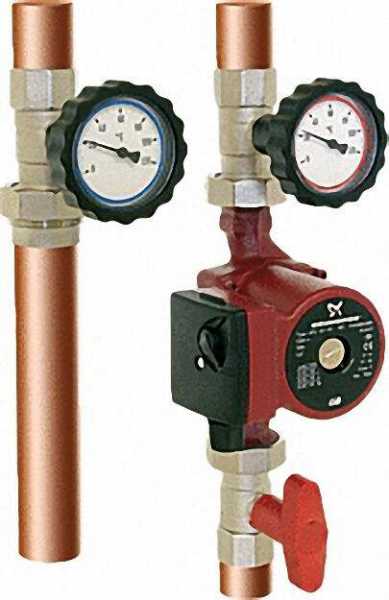 Heizkreisset 1'' vernickelt mit Überwurfmuttern und Thermometer rot/blau