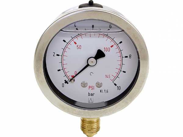 Manometer mit Glyzerinfüllung, Druckbereich 0-40 bar, Gehäuse 63mm, Anschluss 1/4" unten DN 8 1/4" radial