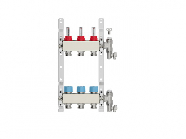 Heizkreisverteiler 3-fach, Edelstahl für Fußbodenheizung Profi-Ausführung