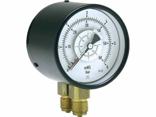 Rohrfeder-Differenzdruck- Manometer RF 100 D 2xG 1/2" radial 0-0,6 bar DN 15 1/2" radial