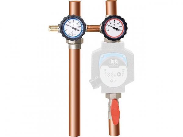 Pumpenabsperrset DN25 1" mit Bypass, Vorlauf rechts ÜWM und Thermometer rot/blau
