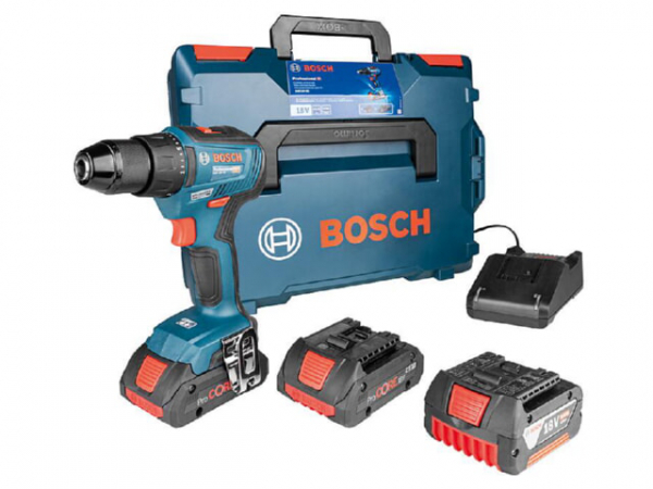 Akku-Set Bosch 18 V bestehend aus Akku-Bohrschrauber GSR 18V-55 mit 2x 4,0 ProCORE Akkus, Ladegerät und Ersatzakku GBA 18V 5,0 AH