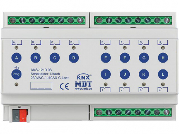 Reiheneinbaugerät Schaltaktor 12-fach, 8TE, REG, 10 A, 230 V AC, C-Last, Standard, 140 µF