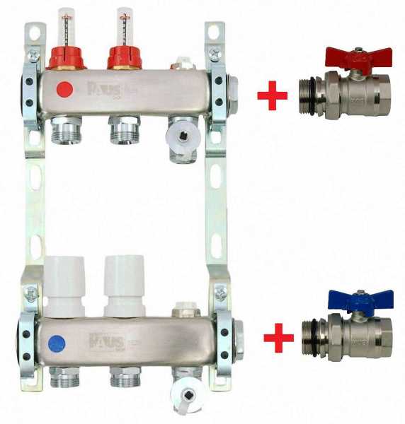 Heizkreisverteiler aus Edelstahl für Fußbodenheizung Profi-Ausführung 2-fach, mit 2x Kugelhähne 1" IG-AG