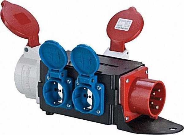 CEE-Adapter/Verteiler Eing. :CEE-Stecker 16A Ausgang :CEE-Kuppl. 16/32A, 2xSchuko