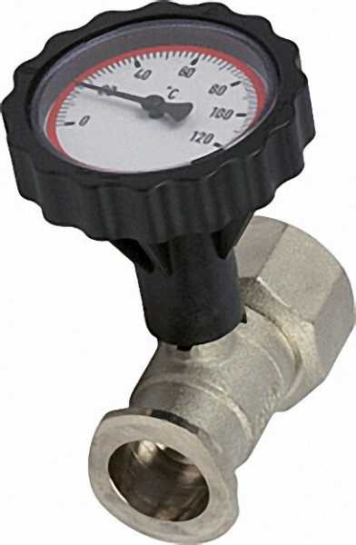 VL-Pumpenflanschkugelhahn 1 1/4'' mit Thermometerhandgriff rot vernickelt