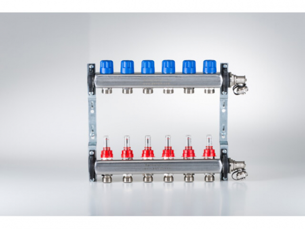 5 Heizkreise Fußbodenheizung Edelstahl Heizkreisverteiler FBH HKV-D 5 Serie 03 mit Durchflußmengenanzeiger Länge 350 mm