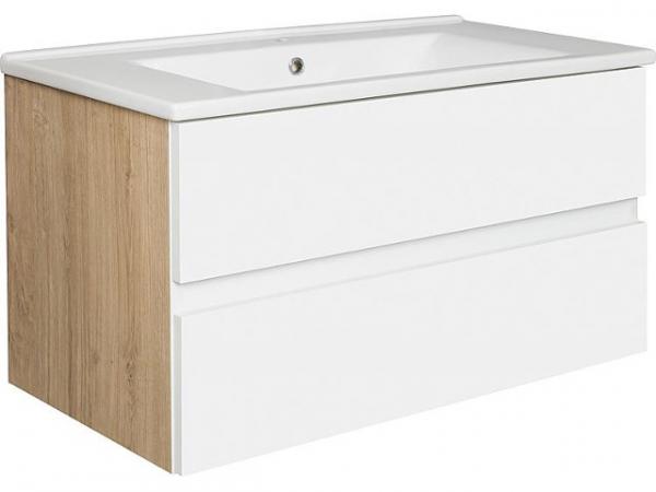 Waschtischunterschrank mit Keramik-Waschtisch EGAN weiß matt/Asteiche 2 Auszüge 853x466x455mm