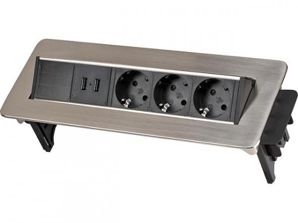 3-fach Tisch-Einbausteckdose mit 2 USB Ladebuchsen Farbe: aluminium