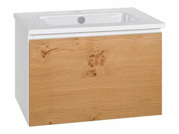 Waschtischunterschrank mit Keramik-Waschtisch Serie ELA Korpus weiß smt-Front Eiche Furnier hell 610x420x510mm