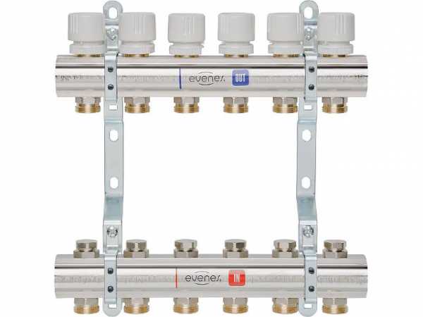 Fußbodenheizungsverteiler 7 Heizkreise Baulänge 362 mm DN25 (1") Messing Typ M 5,7