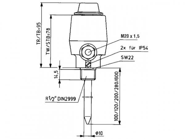 ALRE Tauchthermostat Kessel- Regler 80.124-5, +35…+95°C, 5K, 280, Inneneinstellung/TW
