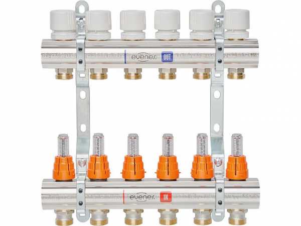 Fußbodenheizungsverteiler 9 Heizkreise Baulänge 462 mm DN25 (1") Messing Typ M 6,9