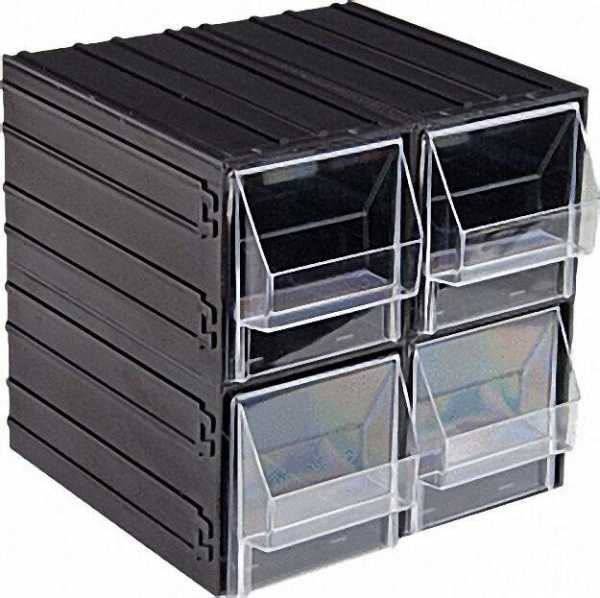 Lagerbox mit 4 Schubladen grau/transp. l=225mm, b=225mm, h=225mm Schubladen: l=101mm, b=198mm, h=103
