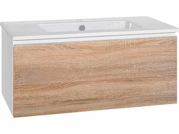 Waschtischunterschrank mit Keramik-Waschtisch Serie ELA Korpus weiß smt-Front sägerau 910x420x510mm