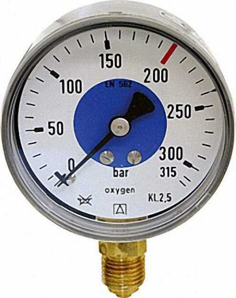Manometer für Sauerstoff D63,0-40bar Anschluss R1/4'' verchr. Gehäuse Stahlblech schwarz mit Aufschr